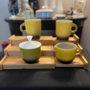 Anchor Hocking Fire King Milk Glass Set 2 Coffee Tea Cups Cream and Sugar Bowl.